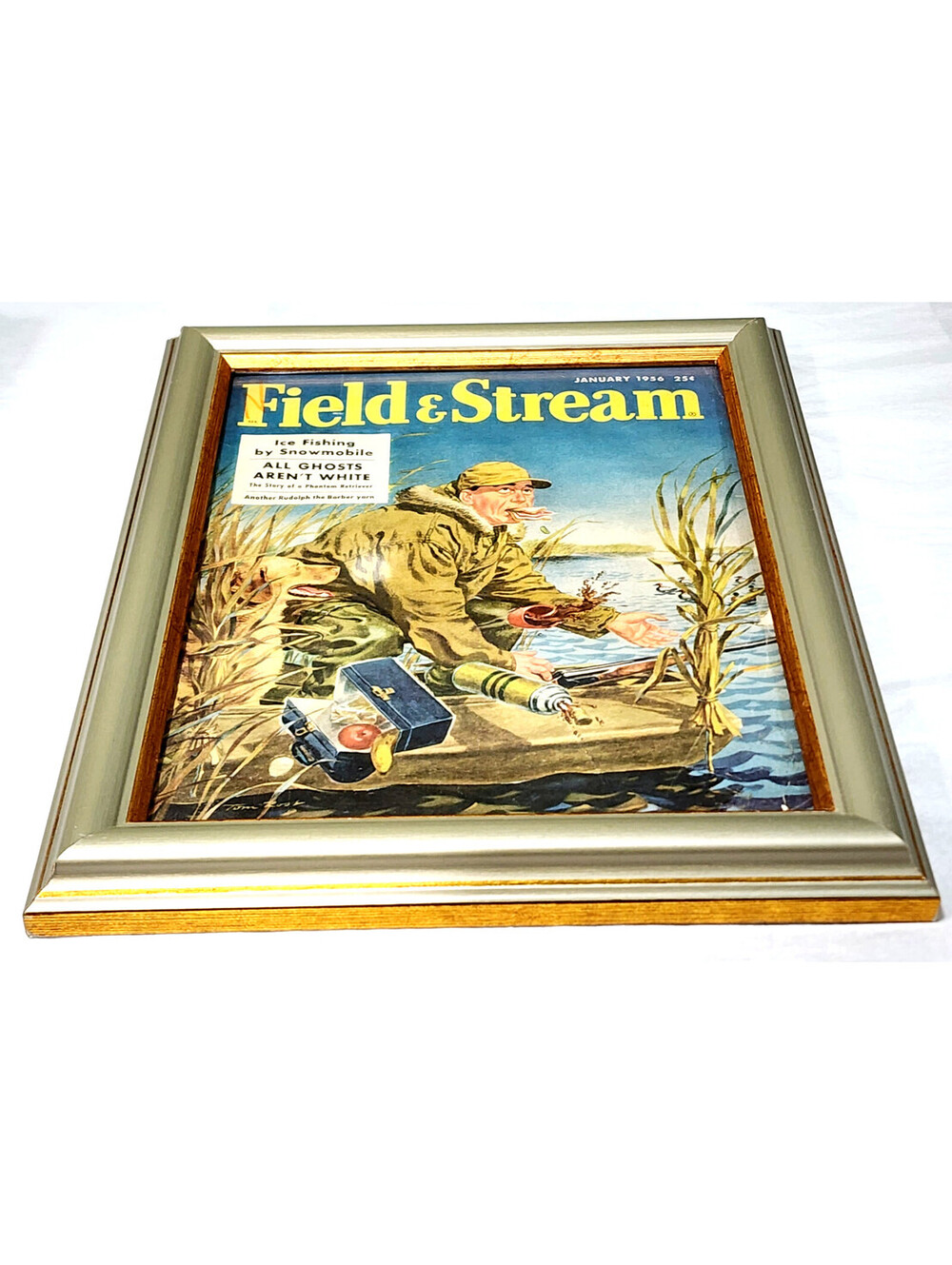Vintage Jan 1956 Field & Stream Magazine Framed Cover Art - Ice Fishing Hunting